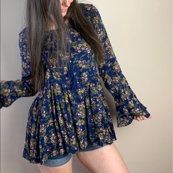 The Giovanna Blouse- navy floral bell peasant top - Picture 2 of 13